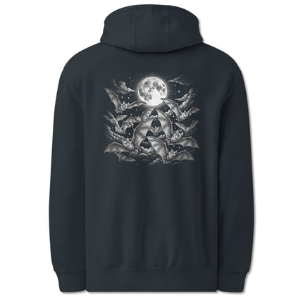 Gothic hoodie back print featuring flying bats, a crescent moon, and cosmic night sky graphic design.