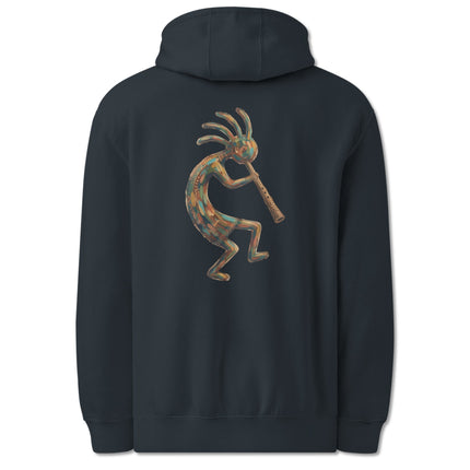 Colorful Southwest graphic featuring a Kokopelli flute player on a pullover hoodie back print.
