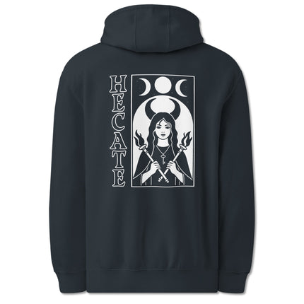 Hecate Goddess triple moon occult design back print pullover hoodie.