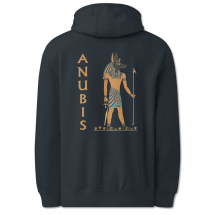 Anubis Egyptian god print hoodie featuring ancient mythology artwork on the back.