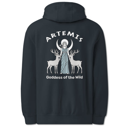 Artemis goddess hoodie featuring wild deer, moon, and Greek mythology back print design.