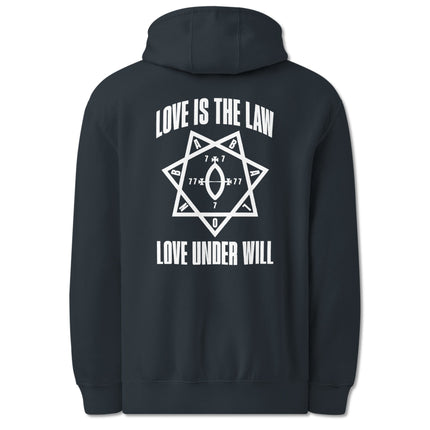 Love Is The Law Love Under Will Thelema quote on black pullover hoodie back print.