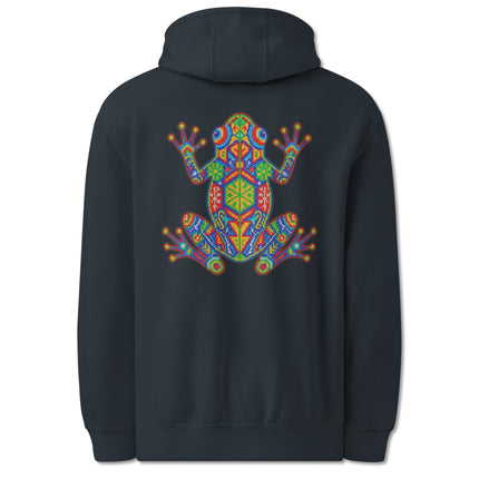 Geometric Huichol frog print on a colorful indigenous pullover hoodie.