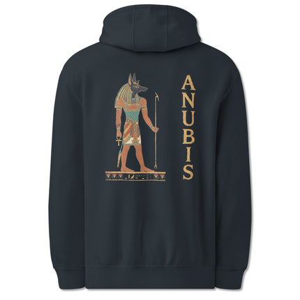 Anubis jackal god back print hoodie featuring detailed Egyptian mythology artwork.