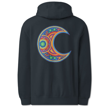 Colorful Huichol mandala print hoodie featuring a spiritual moon design on the back.