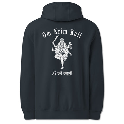 Back print of Kali Goddess with Om Krim mantra on a Hindu mythology hoodie.