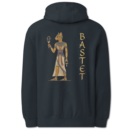 Bastet Egyptian Cat Goddess back print pullover hoodie featuring ancient hieroglyphic art.