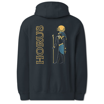 Horus Egyptian god back print hoodie with detailed falcon sun mythology design.