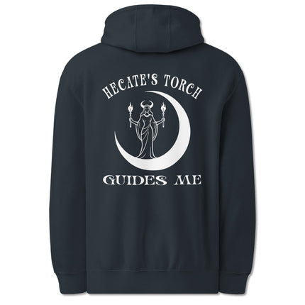 Witchy hoodie print featuring Hecate's torch, goddess celestial art, and crescent moon design.