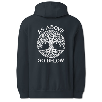 As Above So Below Tree of Life Celtic knot graphic print on a pullover hoodie back.