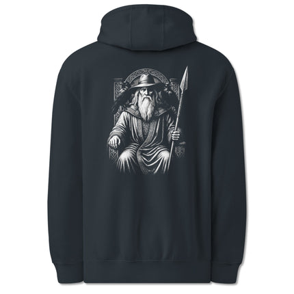 Odin God Norse Viking mythology print featuring ravens and spear on back hoodie design.