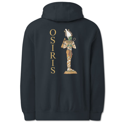 Osiris Egyptian god back print hoodie featuring ancient mythology artwork on a fleece pullover.