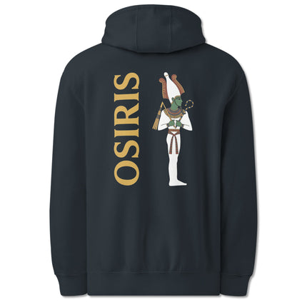 Osiris Egyptian god back print hoodie with ancient mythology design.