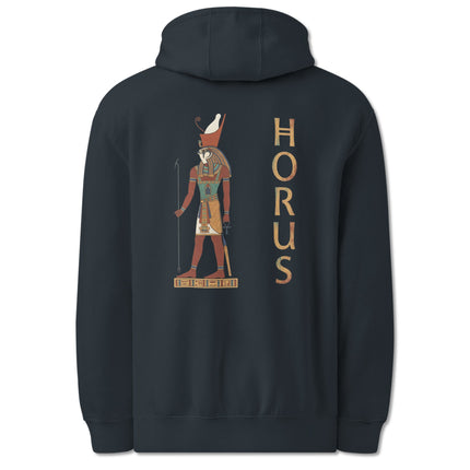 Ancient Egypt Horus god graphic print on a black mythology pullover hoodie.