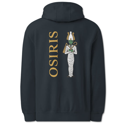 Graphic hoodie featuring the Egyptian god Osiris in an ancient mythological style print.