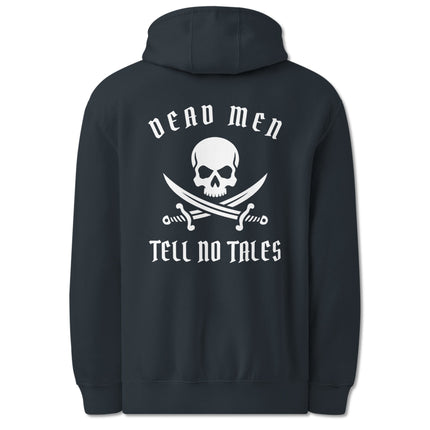 Dead Men Tell No Tales pirate skull and swords back print graphic hoodie design.