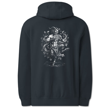 Greek Mythology Satyr pan flute back print pullover hoodie design.