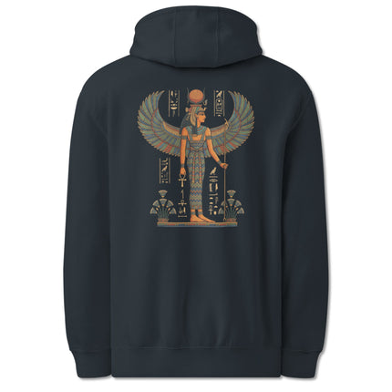 Ancient Egyptian Isis goddess art printed on a pullover hoodie featuring mythological designs.