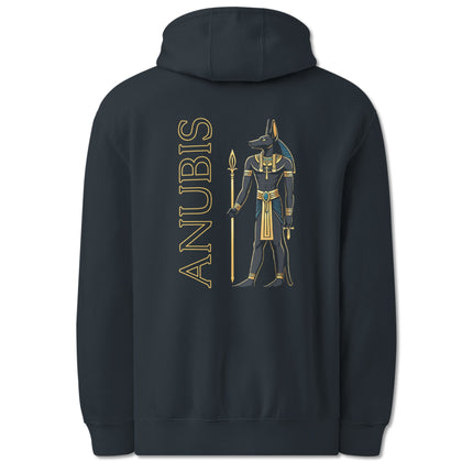 Anubis Egyptian god back print pullover hoodie featuring ancient mythology art.