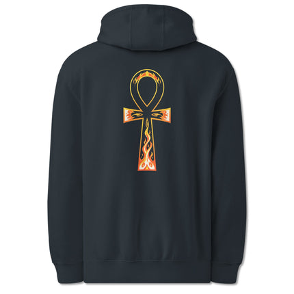 Ankh Egyptian life symbol and flame graphic printed on the back of a black pullover hoodie.