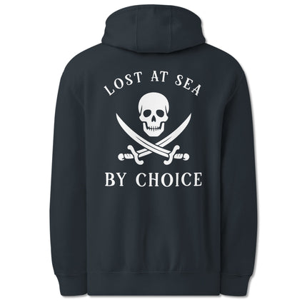 Jolly Roger skull and crossbones back print on a Lost At Sea pullover hoodie.