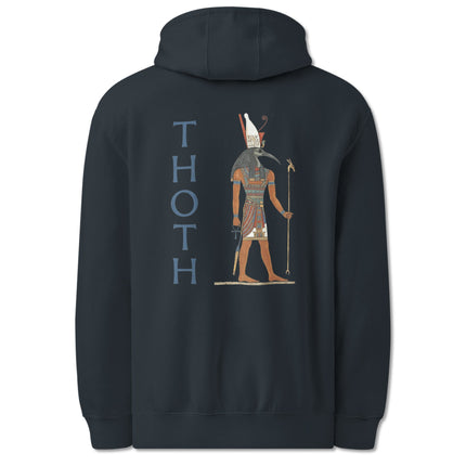 Thoth Egyptian god back print hoodie featuring ancient mythology artwork.