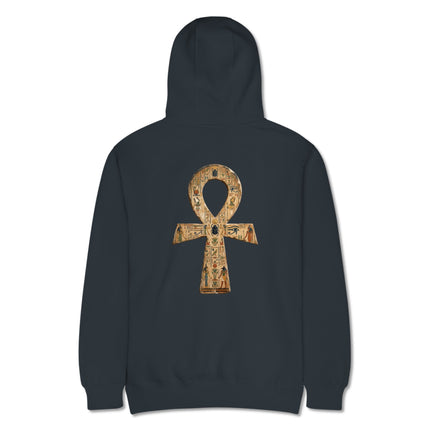 Ancient Egyptian Ankh hieroglyph back print pullover hoodie featuring mystical symbols.