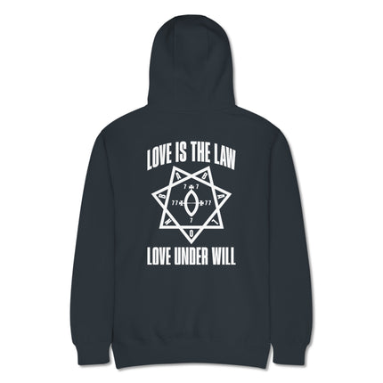 Love Is The Law Love Under Will Thelema" graphic print on a unisex pullover hoodie.