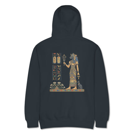 Bastet Egyptian Cat Goddess hoodie print featuring hieroglyphs, Ankh symbols, and ancient mythology design.