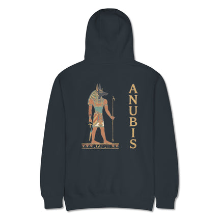 Egyptian Anubis jackal god print pullover hoodie featuring mythology artwork.