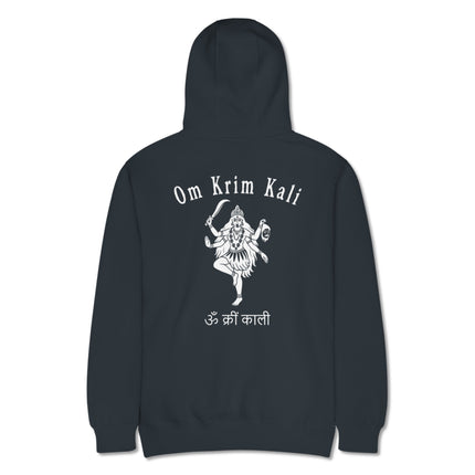 Om Krim Kali Goddess back print hoodie featuring Hindu mythology mantras and sacred spiritual artwork.