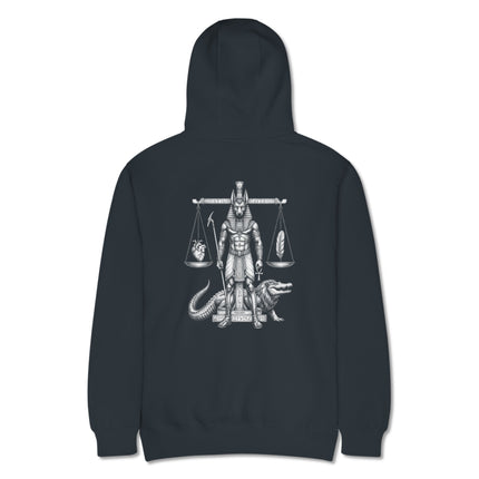 Anubis weighing of heart and feather scale graphic on an Egyptian style pullover hoodie back print.