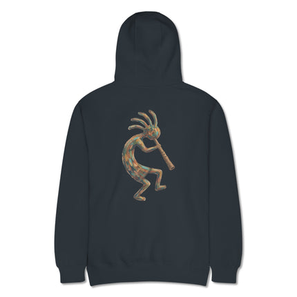 Colorful Kokopelli flute player graphic featuring a Southwest design printed on the back of the hoodie.