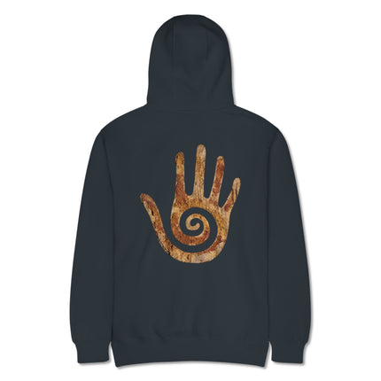 Hopi healing hand spiral print on back pullover hoodie featuring Native American symbol art.