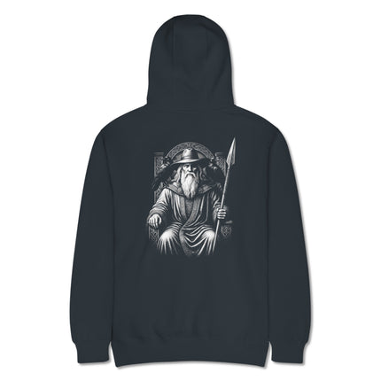 Viking mythology graphic: Odin God with ravens and spear printed on a black pullover hoodie.