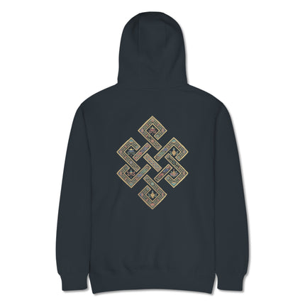 Golden Endless Knot Tibetan Buddhist symbol print on a pullover hoodie back design.