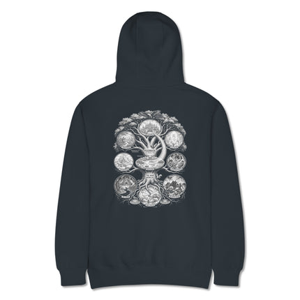 Norse mythology Yggdrasil World Tree back print hoodie design featuring the Nine Worlds.