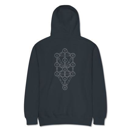 Kabbalah Tree of Life hoodie featuring esoteric Sephirot symbols on the back print.