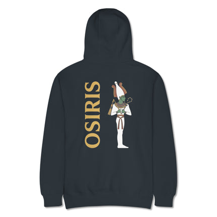 Osiris Egyptian god back print hoodie featuring ancient mythology artwork on a fleece pullover.