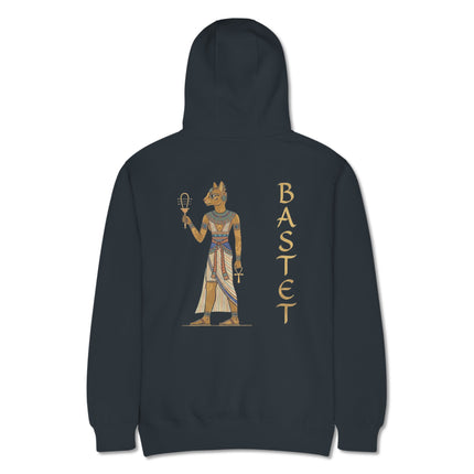 Bastet Egyptian cat goddess back print hoodie featuring ancient Egypt style artwork.