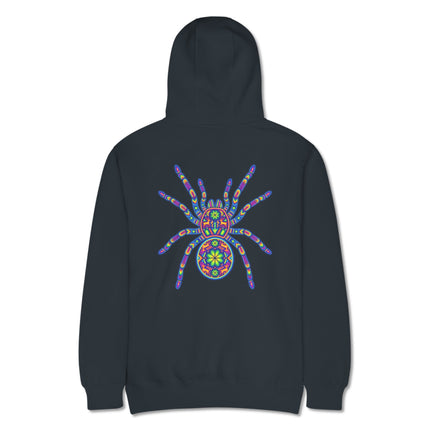 Vibrant Huichol tarantula back print hoodie featuring colorful Mexican folk art spider design.