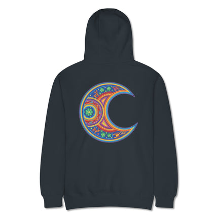 Colorful Huichol mandala moon print hoodie featuring a spiritual bohemian back graphic.