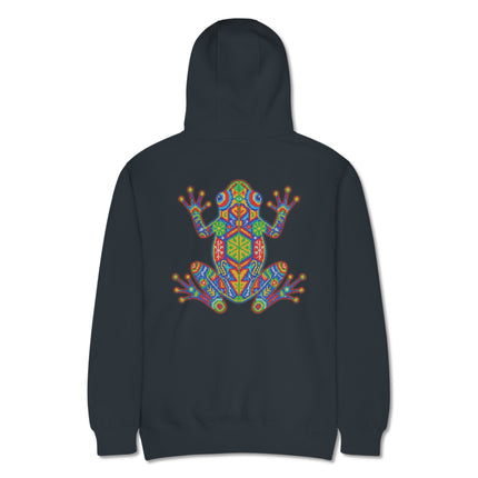 Vibrant Huichol geometric frog print hoodie featuring colorful indigenous cultural artwork on the back.