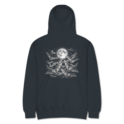 Gothic hoodie featuring flying bats, crescent moon, and night sky graphic print on the back.