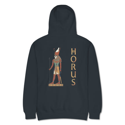Horus Egyptian god back print pullover hoodie featuring detailed ancient mythology artwork.