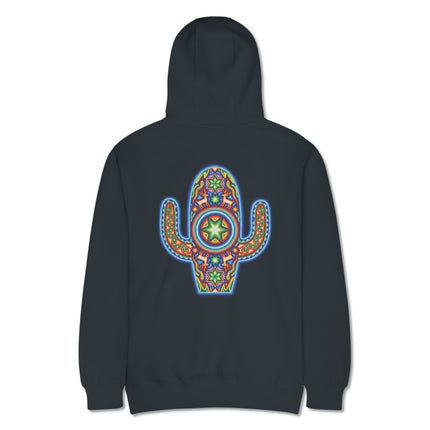 Colorful Huichol cactus art printed on a pullover hoodie, featuring vibrant Mexican indigenous design.