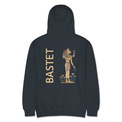Bastet Egyptian cat goddess back print on a mythology-themed pullover hoodie.