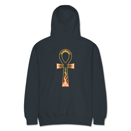 Back print of Ankh and flame graphic on black Egyptian style pullover fleece hoodie.