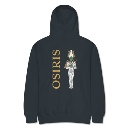 Osiris Egyptian god graphic print on a black ancient mythology pullover hoodie back.