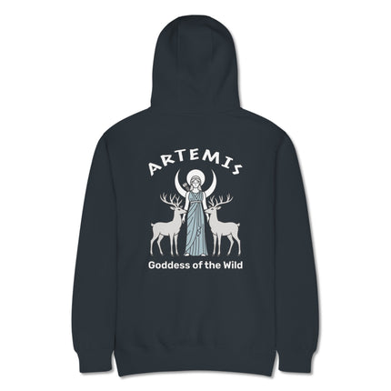 Artemis goddess hoodie with wild deer and crescent moon Greek mythology back print design.